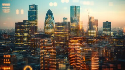 Obraz premium Architectural skyline of city against sky, illuminated urban landscape view