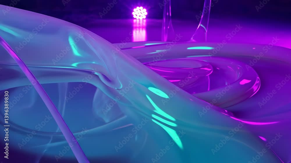 Poster colorful fluid motion creates a mesmerizing abstract art display in a dimly lit studio setting