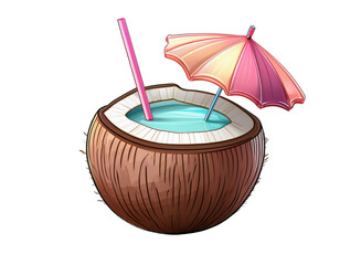 Coconut drink with straw and decorative umbrella, isolated on white background.