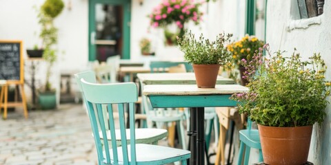 Fototapeta premium Charming and Inviting Outdoor Cafe, Adorned with Vibrant Plants and Featuring a Relaxing Atmosphere