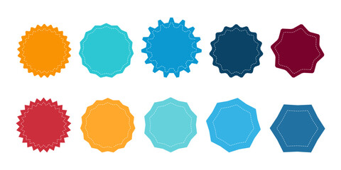 Circle sticker set. Wavy edge promo color badges. Star burst shape tags for price. color sale stickers. Simple silhouette. Flat vintage labels. vector eps