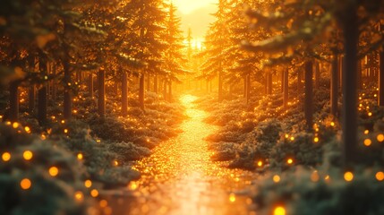 Walking Golden Path Through Forest with Glowing Lights and Bright Sunrise