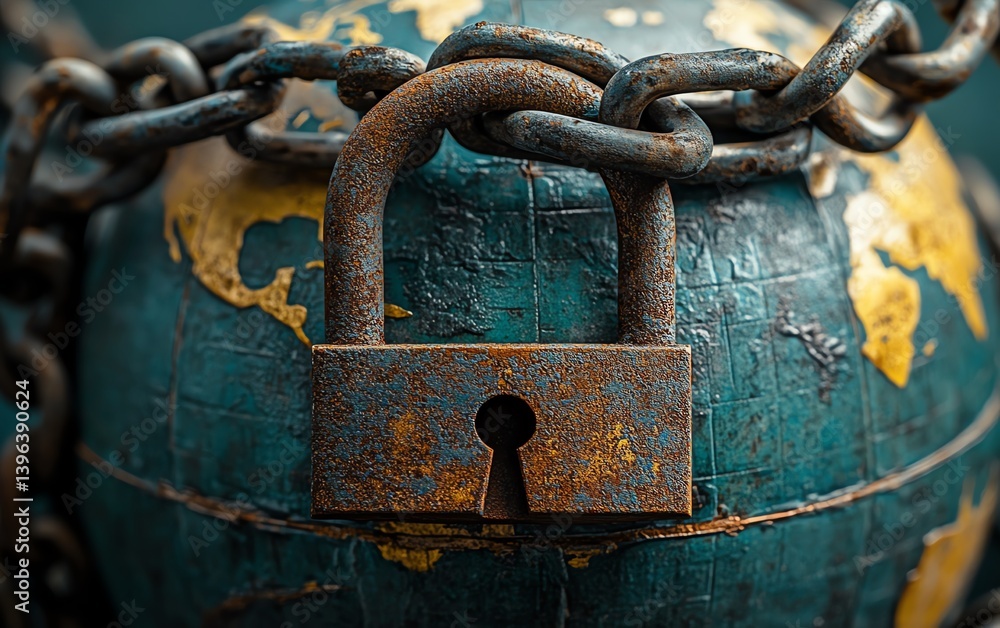 Poster padlock with rust on globe, heavy chains symbolizing global security threats, warm lighting for text