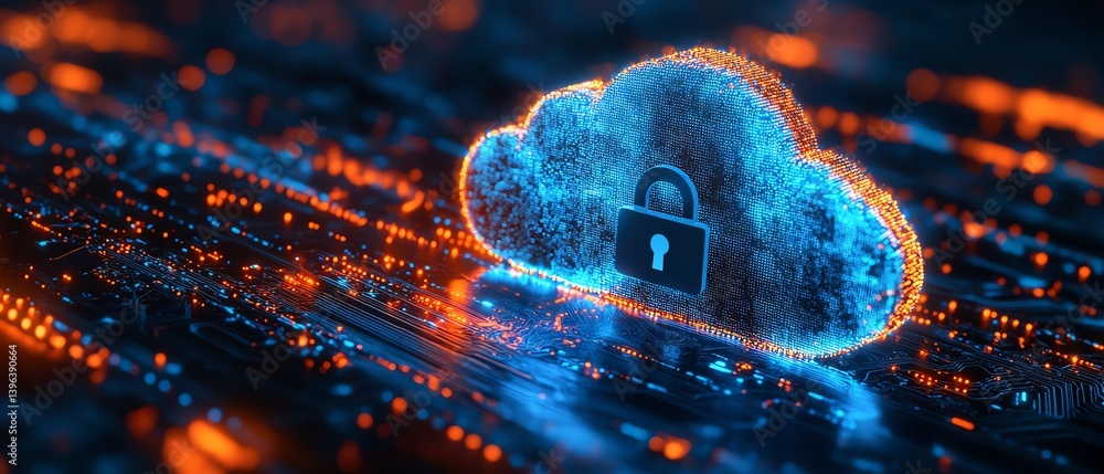 Poster photorealistic representation of a padlock on cloud and motherboard, symbolizing cloud computing sec