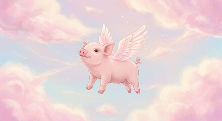Flying Pig with Wings in a Dreamy Sky Illustration