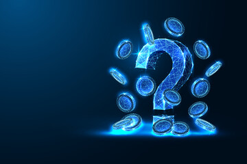 Digital question mark and glowing coins for financial uncertainty and economic decision concepts