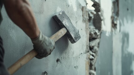 A demolition worker using a sledgehammer on a wall. Featuring strength and precision