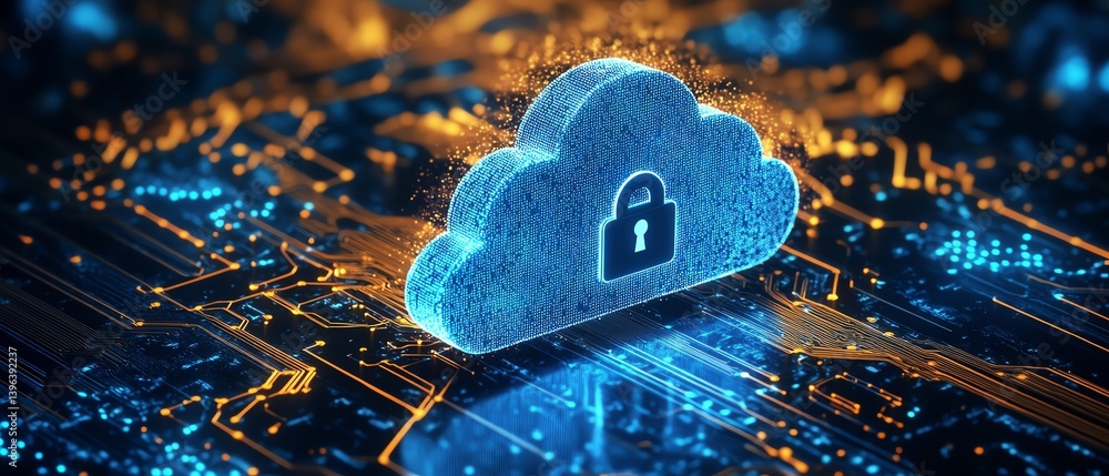 Poster padlock on cloud and motherboard, digital privacy and security concept, cloud computing, internet pr