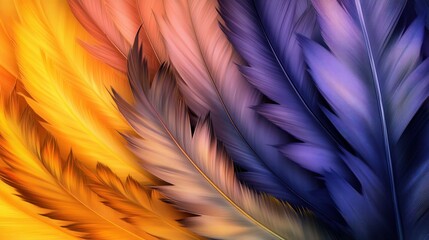 Vibrant, colorful feathers in shades of orange, purple, and yellow arranged artistically, showcasing nature's beauty