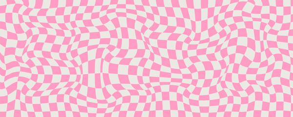 Vintage Psychedelic Checkerboard Background with Pink and White Colors. Trippy design with distortion grid effect. Twisted wavy and groovy geometrical chessboard. Distorted funky 70s hippie art