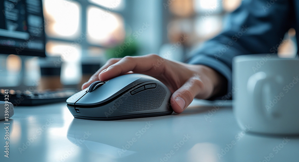 Poster precision and productivity: a close-up shot showcases a hand skillfully maneuvering a computer mouse