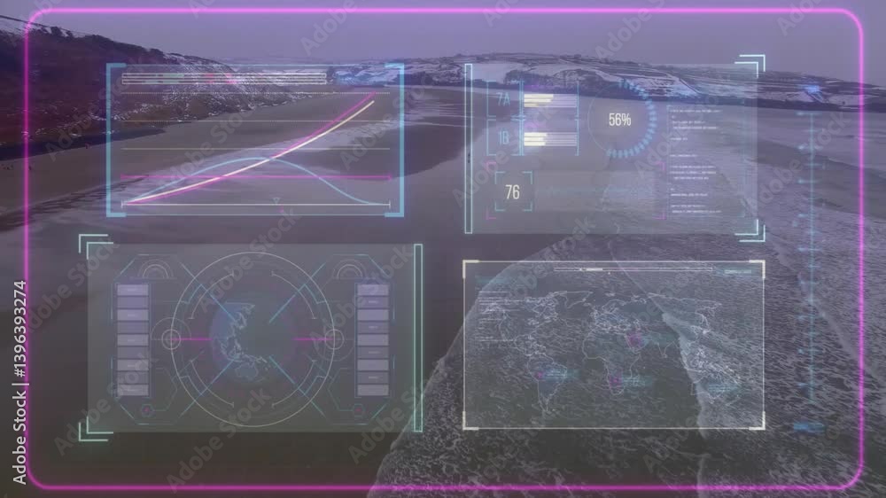 Poster displaying animation of futuristic data interface over snowy mountain landscape