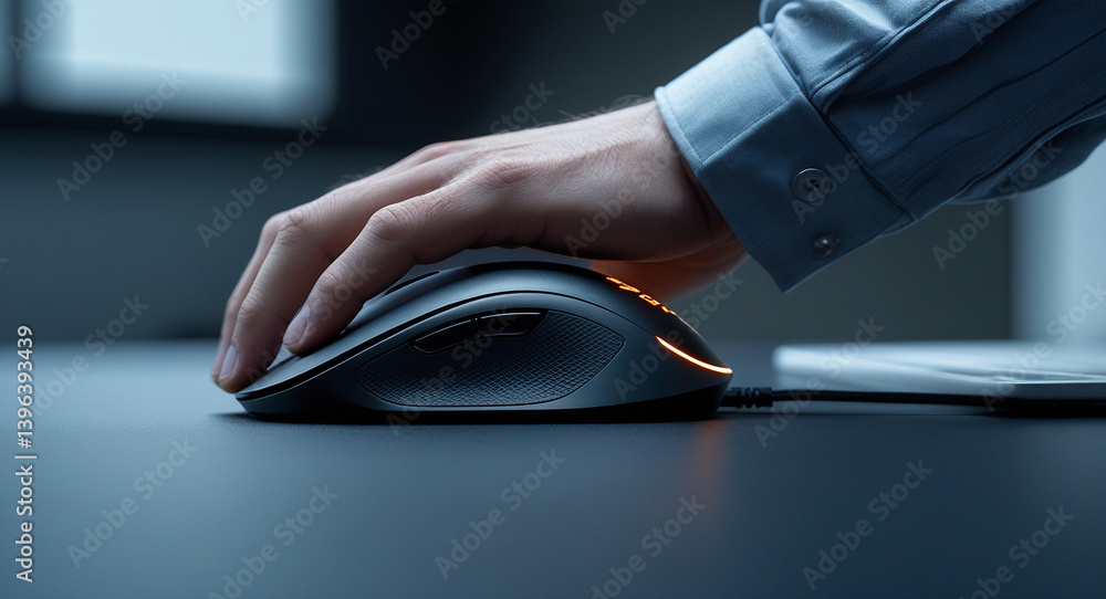 Poster precision in the digital realm: a close-up view of a hand gently guiding a computer mouse across a s