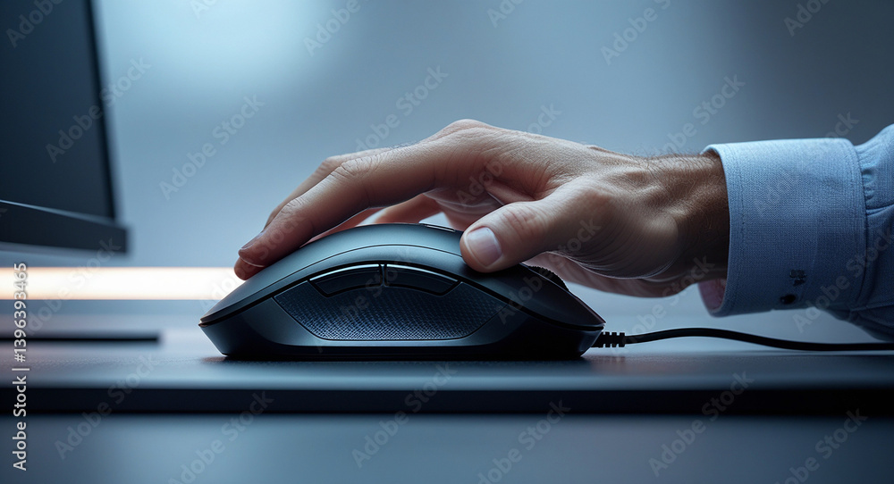 Poster precision at work: a focused hand navigates a computer mouse with precision, a study in the intersec