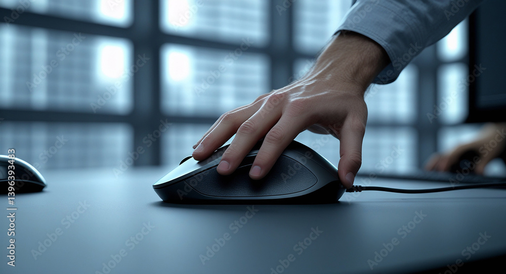 Poster digital interaction: a close-up shot captures a hand hovering over a sleek computer mouse on a minim