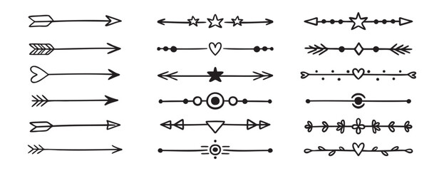 arrow bow doodle sketch scribble direction set heart, arrow, highlight underline text. Cute underlines border