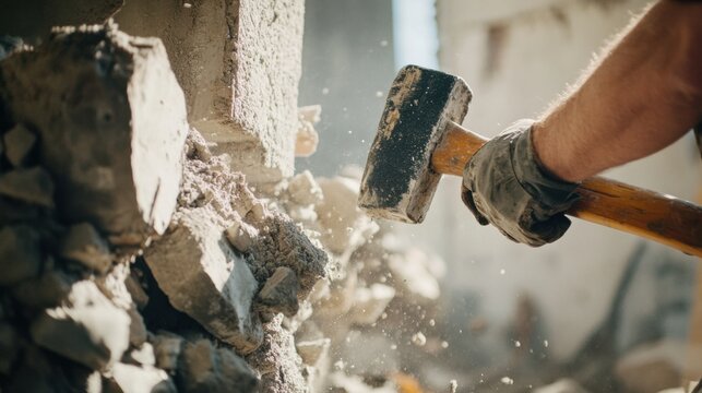 A demolition worker using a sledgehammer to tear down a wall. Featuring strength and power