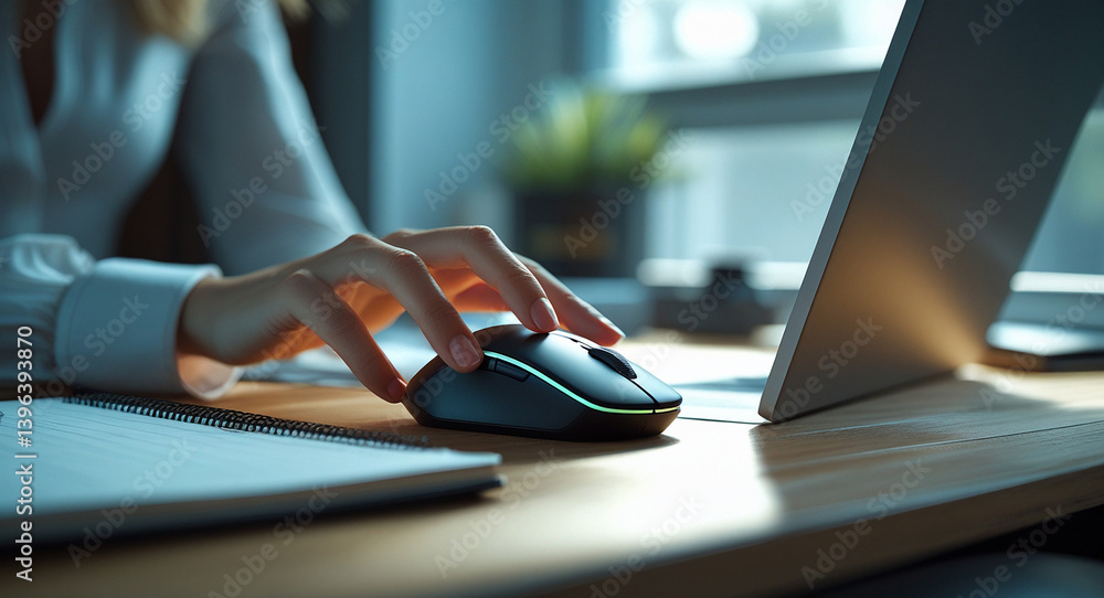 Poster at work: a close-up shot captures the focused interaction between a hand and a computer mouse on a w
