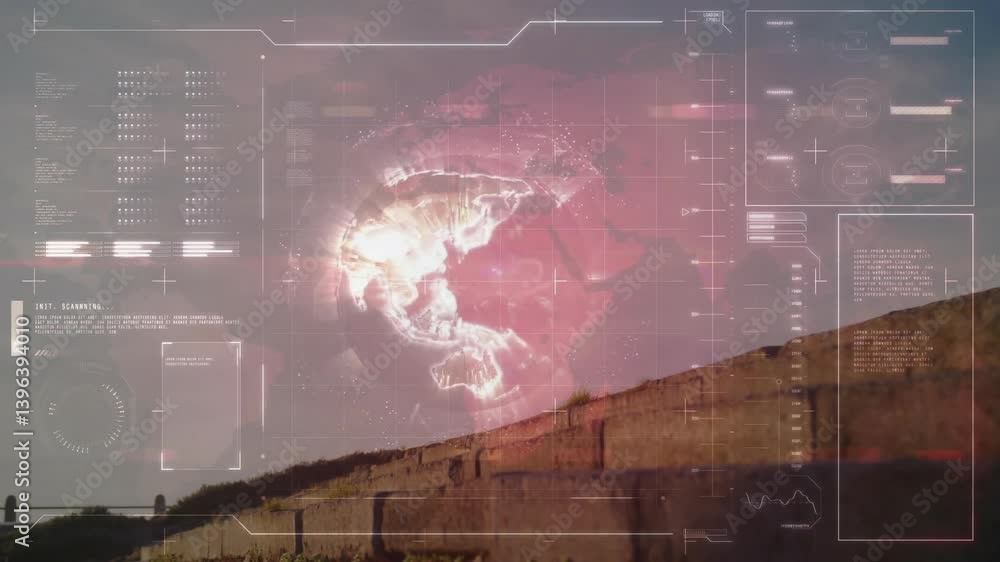 Poster digital globe and data interface animation over landscape with ancient structure