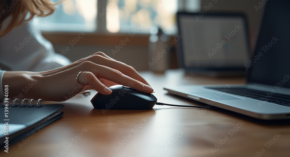 Poster digital workspace: close-up of a person's hand navigating a computer mouse with laptop and notepad, 