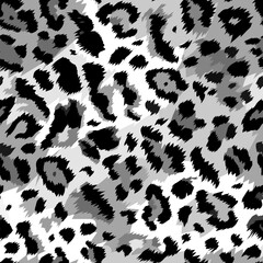 Vector trendy snow leopard hand drawn seamless pattern. Detailed wild animal skin, natural black and white cheetah texture for fashion print, fabric, textile, cover, wrapping, background, wallpaper.