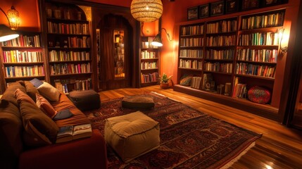 Cozy library interior with bookshelves and reading materials and soft furnishings