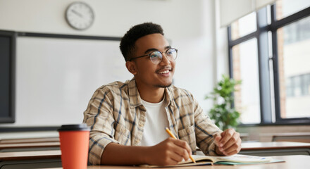 Fototapeta premium Young african male student studying in classroom with notebook and coffee cup
