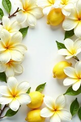 Fototapeta premium Beautiful repeated design featuring blooming lemon flowers in a white color scheme, seamless, summer