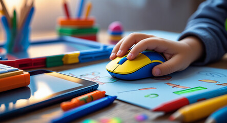 Digital Explorer: A small child's hand delicately guides a computer mouse across a vibrant learning surface, surrounded by tools of creativity.