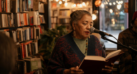 Elderly hispanic female reading a book aloud at a cozy library event