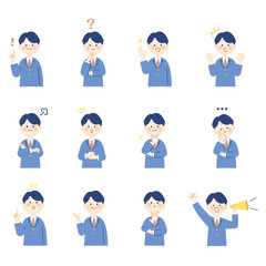 ブレザーの男子学生　表情ポーズセット　上半身