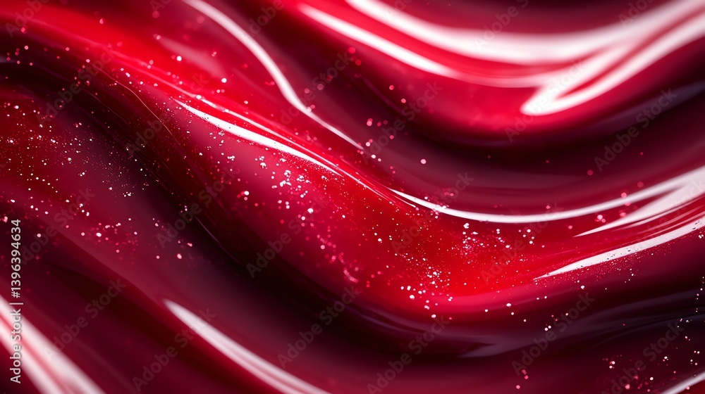 Poster Glossy Red Fluid Texture with Shimmering Particles Wavy Abstract Background