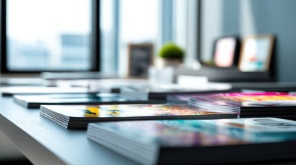 Modern office table neatly organized with vibrant brochures and catalogs, showcasing professional print materials for marketing and advertising purposes