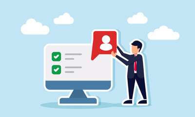 A businessman stands next to a monitor screen showing a checklist while holding a profile icon, illustration of getting a job candidate that fits company qualifications