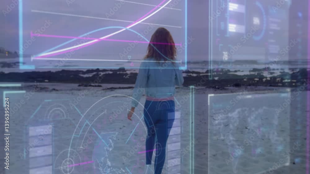 Poster woman walking on beach with digital graphs and data overlay animation