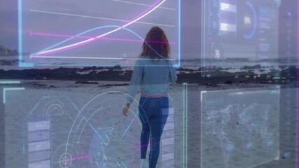 Woman walking on beach with digital graphs and data overlay animation