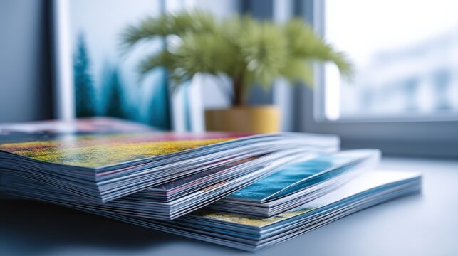 Modern office table neatly organized with vibrant brochures and catalogs, showcasing professional print materials for marketing and advertising purposes