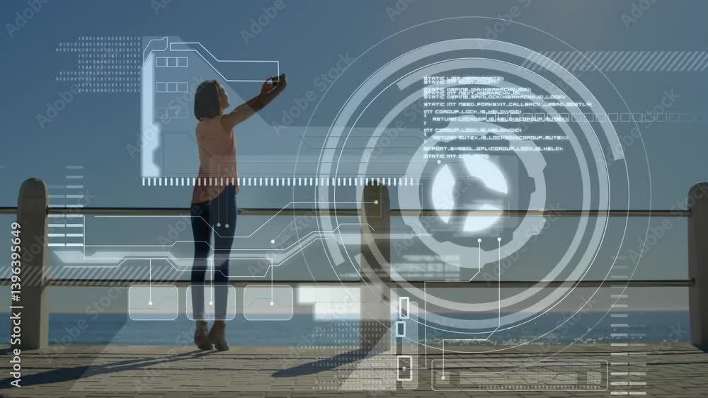 Poster digital interface animation over person taking selfie by ocean railing