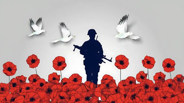 Silhouette soldier amidst poppies and birds