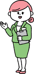 ファイルを持って紹介しているスーツの女性（全身）