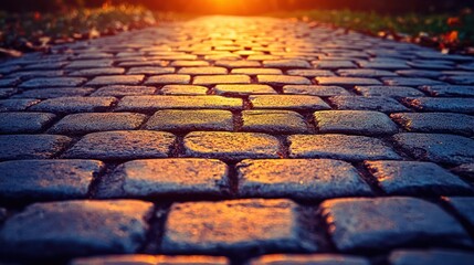 Cobblestone path reflecting warm, golden light in dusk. Soft foliage beside the path