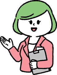 ファイルを持って紹介しているスーツの女性