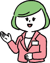 紹介しているスーツの女性