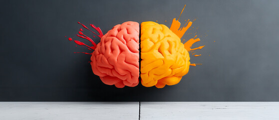 A vibrant, artistic representation of a brain split into two halves, one side orange and one side pink, with paint splashes on a dark background.
