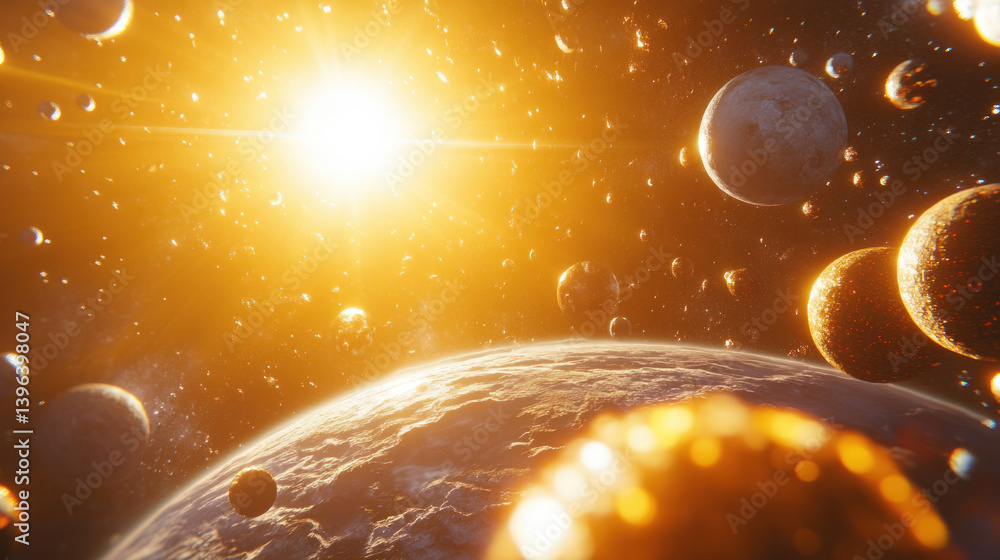 Poster a bright sun is shining on a planet with many small planets in the background. the sun is the main f