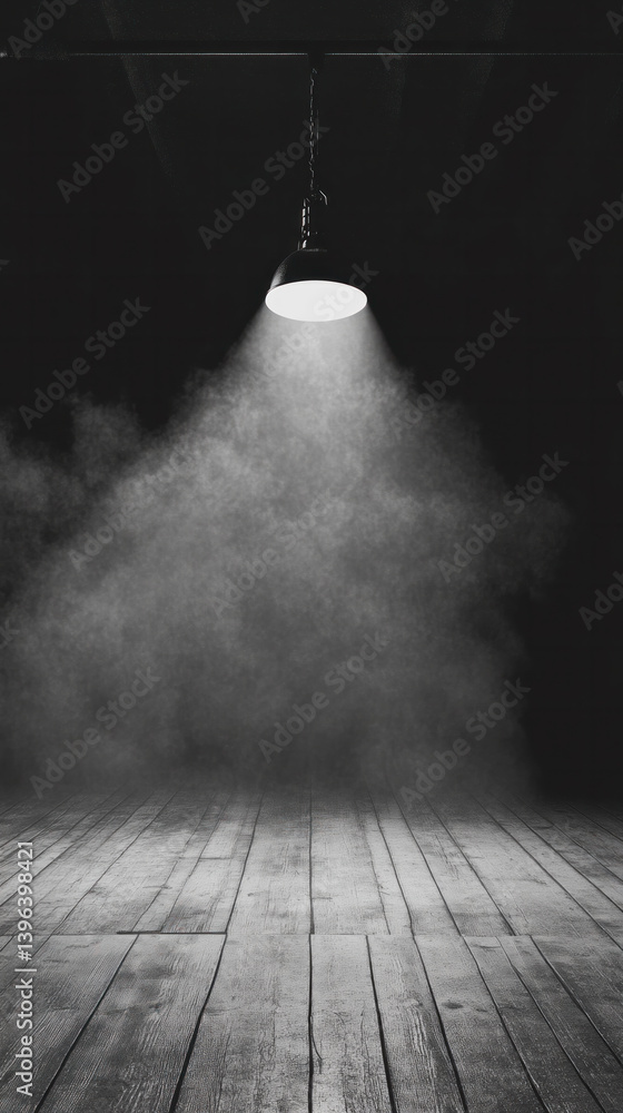 Poster a black and white photo of a room with a light shining on the floor. the room is empty and the light