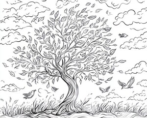 Obraz premium Windy day, tree, birds, leaves, clouds, nature, illustration, coloring book