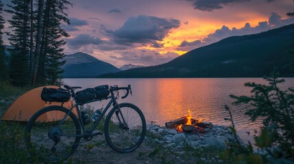 Fototapeta premium A fully loaded bikepacking bicycle parked near a cozy campsite with a fire and pitched tents.
