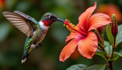 Hummingbird feeds on hibiscus flower