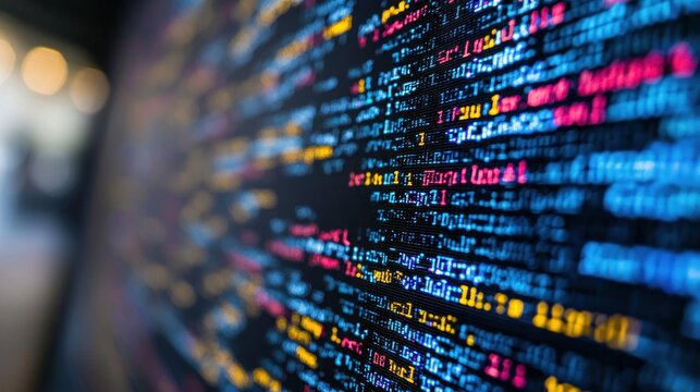 Colorful code streams on screen. Blurry background
